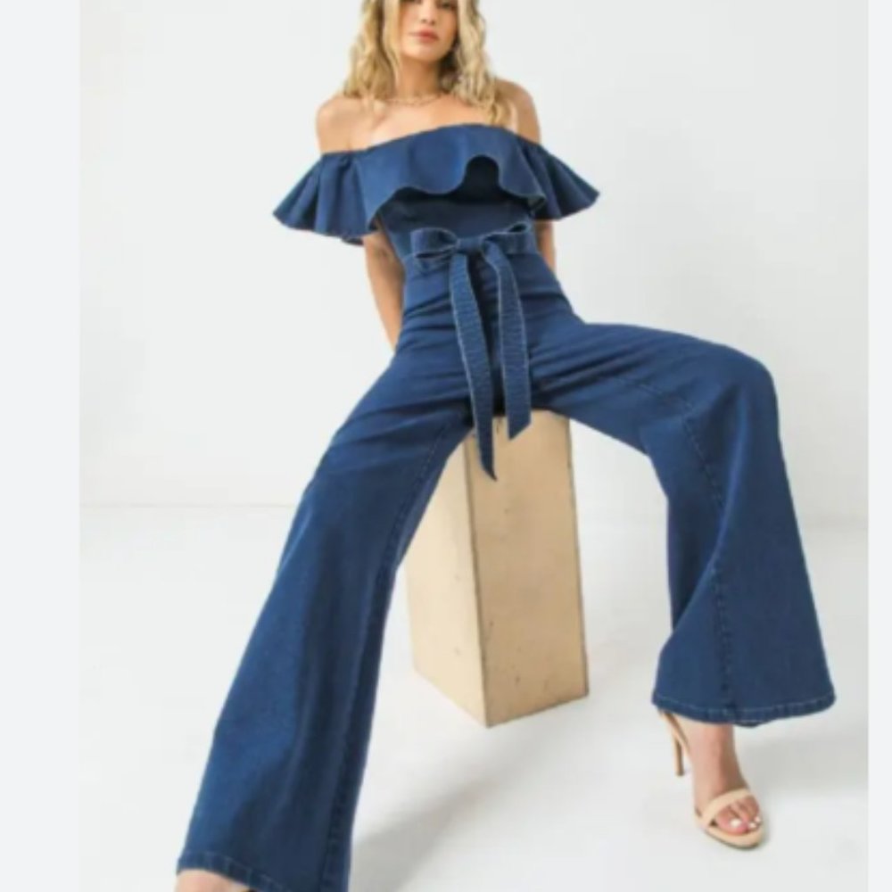 Off Shoulder Denim Jumpsuit
